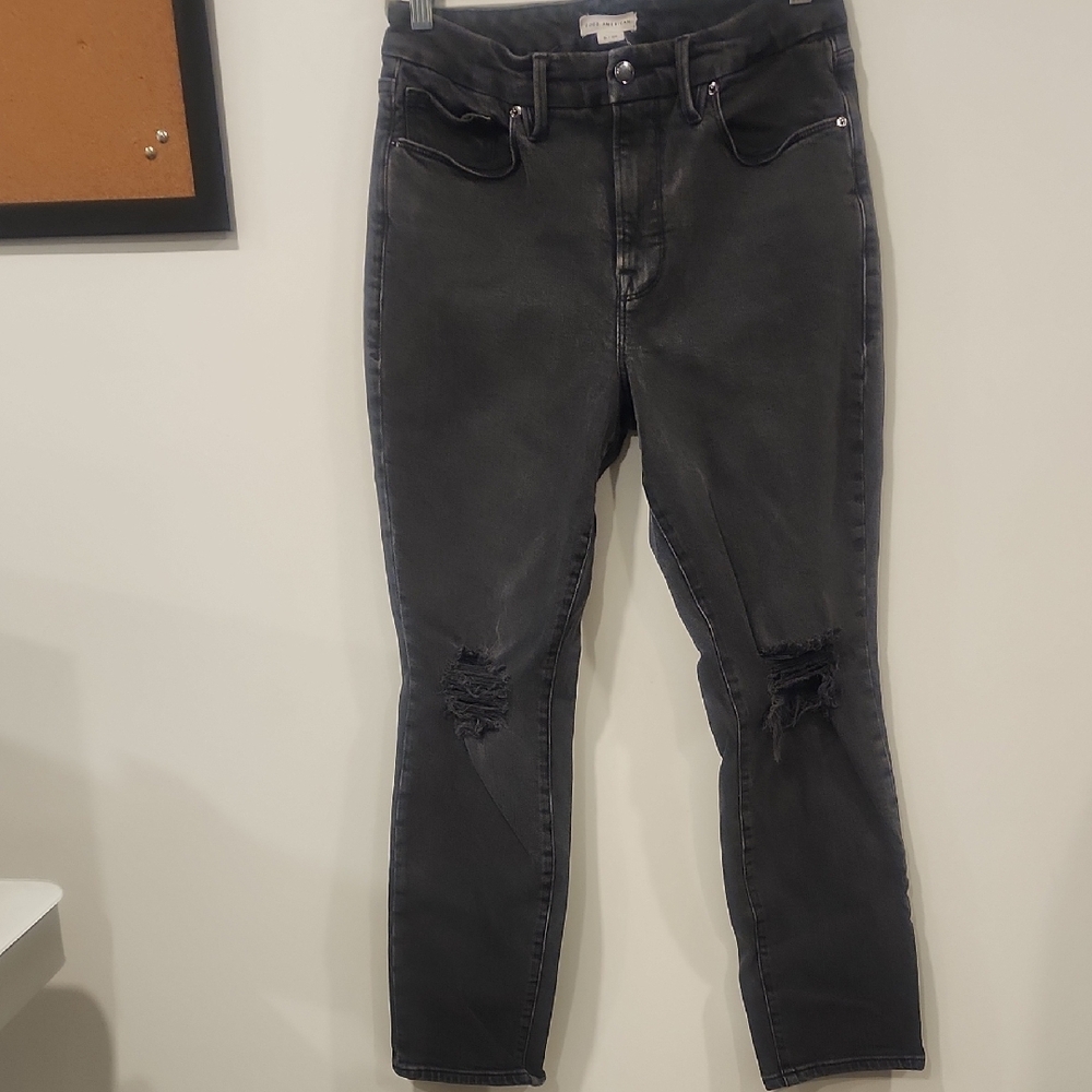 Good American Distressed Charcoal Straight Jeans
